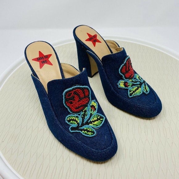 Anna Sui Shoes - Ana Sui INC Heels 6 Denim Floral Mules Slip On Shoes Blue Beaded Pumps